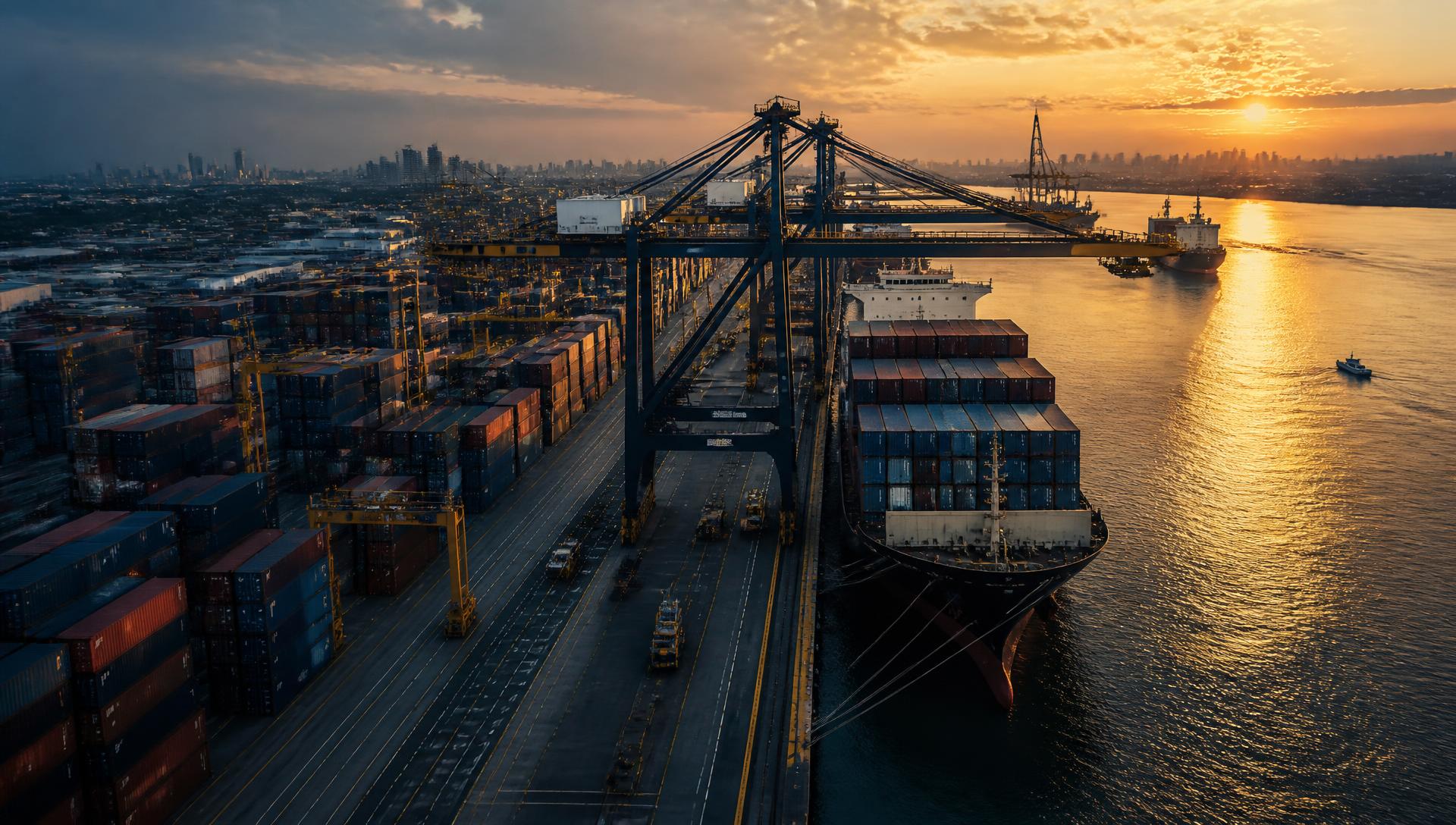 Container vessel loading at an international port at sunrise